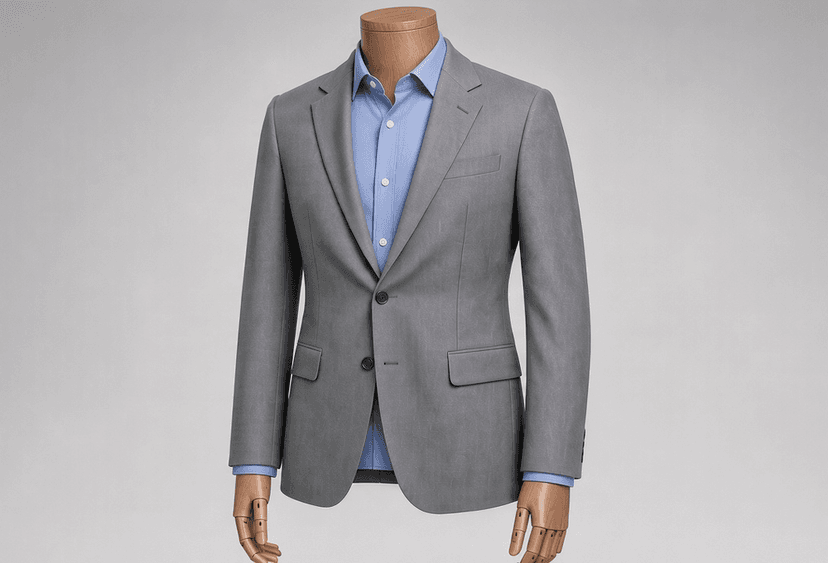 A mid-light brown wood mannequin wearing a French blue shirt beneath a medium grey jacket, demonstrating a low-contrast starting combination.
