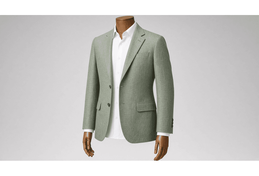 A mid-light brown wood mannequin wearing a white shirt beneath a sage linen jacket, demonstrating a medium-contrast starting combination.