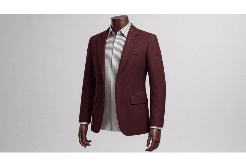 A dark wood mannequin wearing a white striped shirt beneath a deep maroon jacket, demonstrating a medium-contrast starting combination.